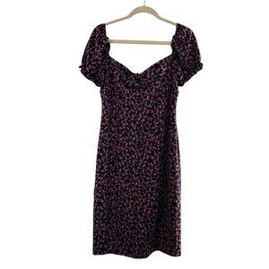 City Triangles Black Pink Floral Mini Dress Puff Sleeves Size L‎ Ruffle Milkmaid